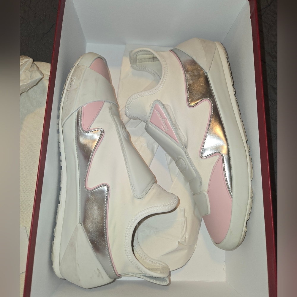 Ferragamo Nile Neoprene leather women's Sock sneakers Pink and white 8.5/ 39 - Picture 13 of 14